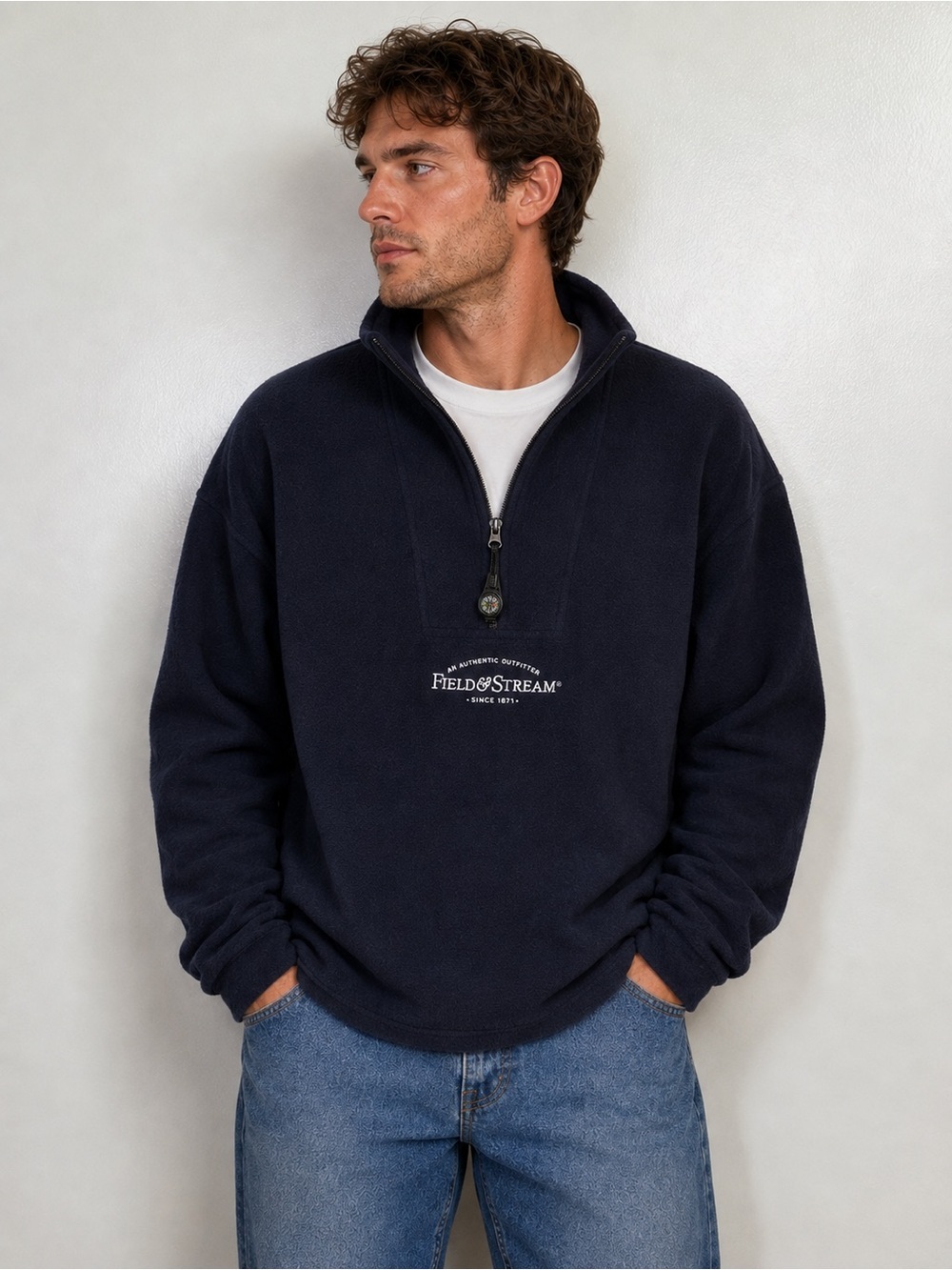Vintage Field & Stream Black Fleece 1/4 Zip Pullover Compass Outdoor Sweater